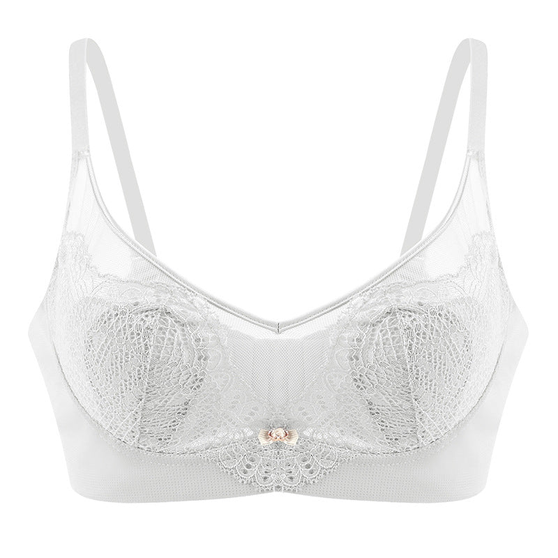 Women Crystal Cup Bra Ultra-Thin Sponge-Free Wire-Free Lace Bunny Ears Large Breasts Slim Adjustable Bra