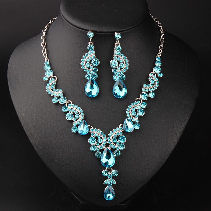 New Style European and American Light Luxury Crystal Simple Gemstone Necklace Earrings Set Dress Bride Female