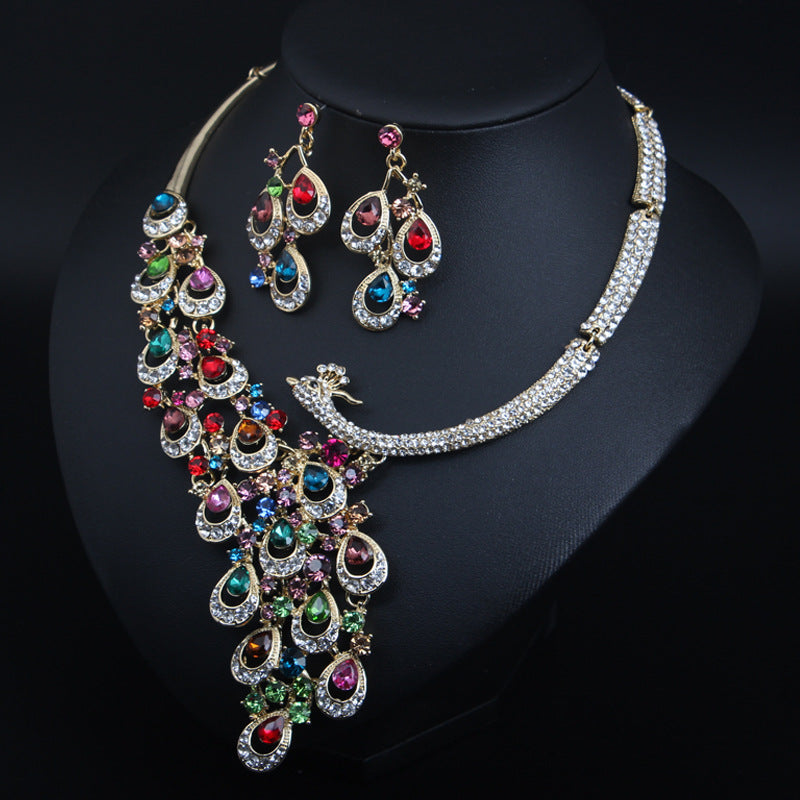 Transparent crystal peacock necklace earrings set bridal banquet dress female exaggerated accessories