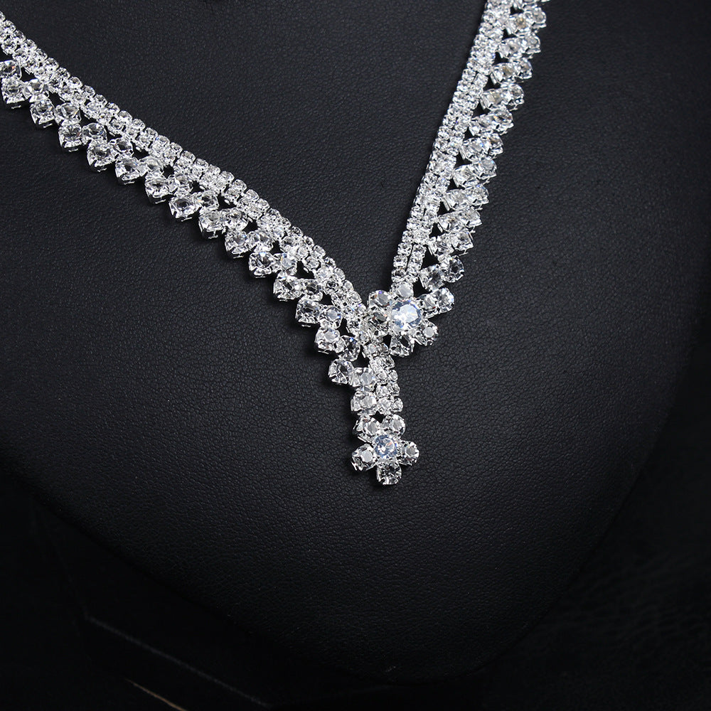 Small fresh light luxury full diamond zircon necklace earrings clavicle chain set bride wedding dinner dress