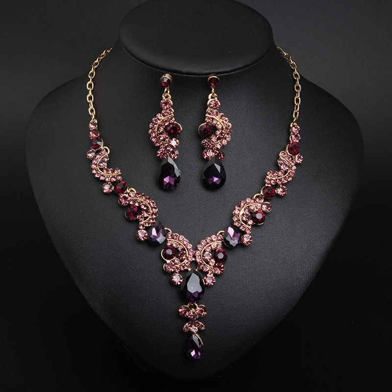 New Style European and American Light Luxury Crystal Simple Gemstone Necklace Earrings Set Dress Bride Female