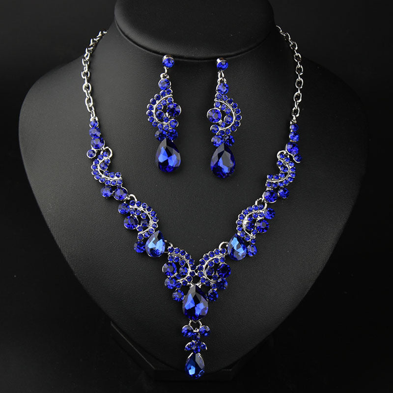 New Style European and American Light Luxury Crystal Simple Gemstone Necklace Earrings Set Dress Bride Female