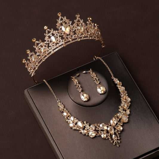 Gold crown bridal headwear main wedding necklace three-piece set grand luxury wedding high-end birthday crown