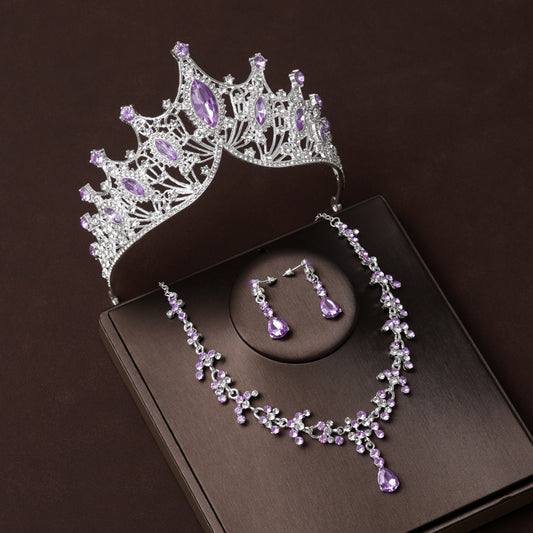 Purple Diamond Crown Wedding Bridal Tiara Dress Necklace Three-piece Wedding Accessories