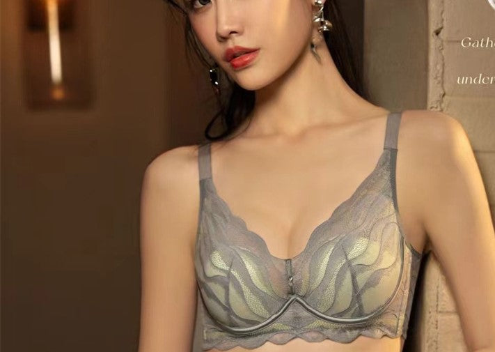 Thin Mango Cup Soft Steel Ring Big Breasts Small Underwear Women's Push-up Gathered Corrugated Lace Bra Set