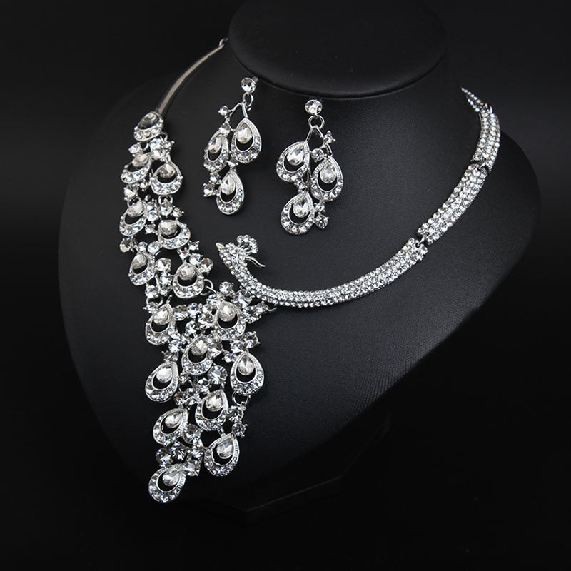 Transparent crystal peacock necklace earrings set bridal banquet dress female exaggerated accessories