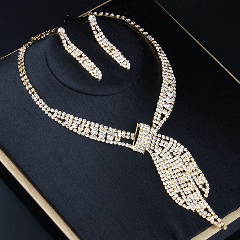 Temperament simple rhinestone tassel necklace earrings set women's banquet dress