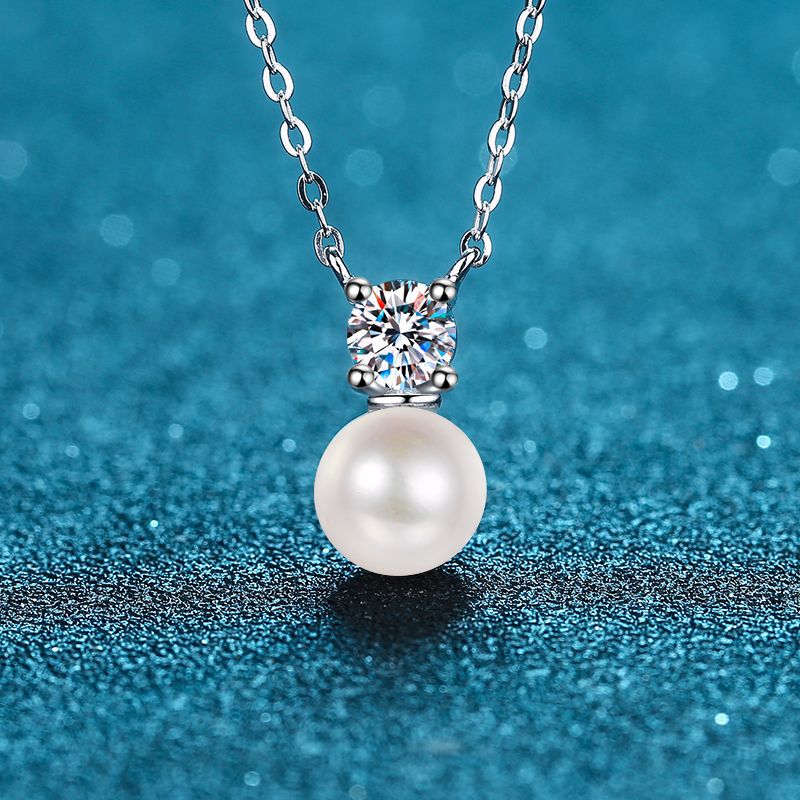 Pendant Necklace For Women Gift S925 Silver Romantic Pearl Shape 8mm flawless freshwater pearl 50 points moissanite Necklace