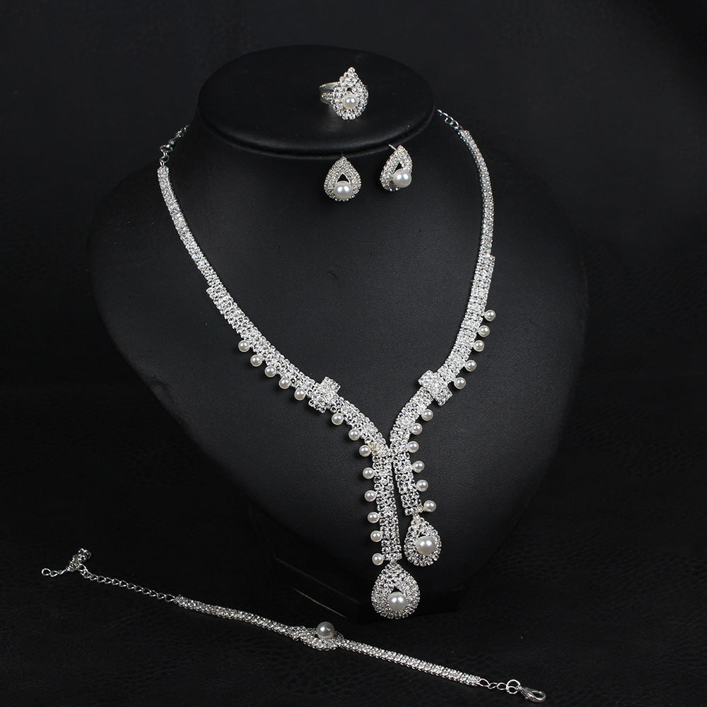 Silver vintage pearl zircon necklace earrings bracelet ring four-piece set