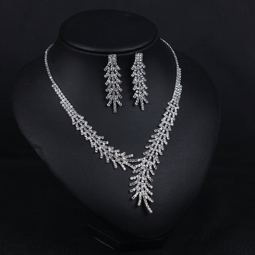 Temperament versatile full diamond wheat ear necklace earrings set short women's clavicle chain bridal dress accessories