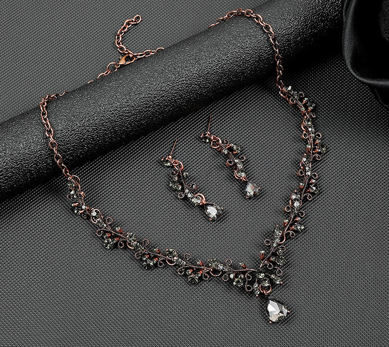 Leaf & Water Drop Gemstone Necklace & Collarbone Chain Vintage Jewelry Set For Women