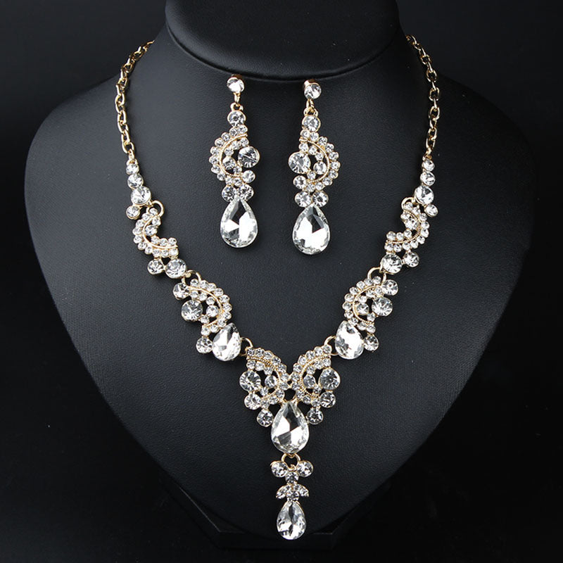 New Style European and American Light Luxury Crystal Simple Gemstone Necklace Earrings Set Dress Bride Female