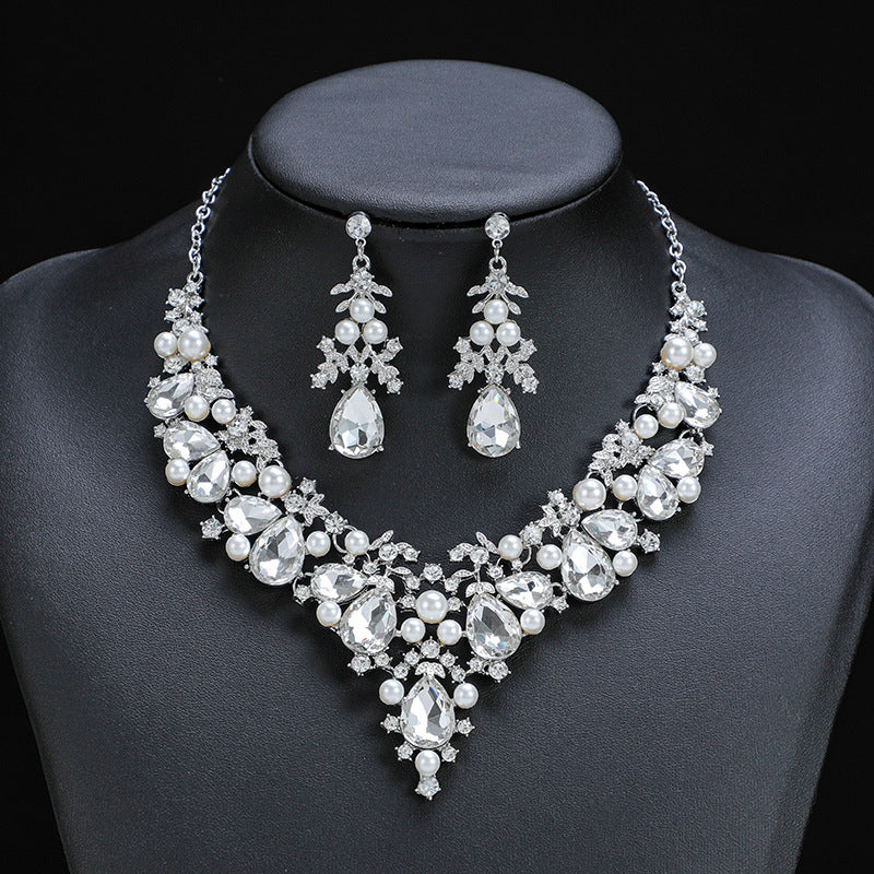 New In Silver Gold Plated Crystal Earrings Necklace Set for Women with Imitation Pearl Gift for Bridal