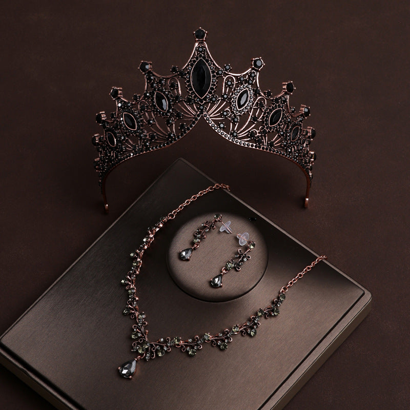 Black retro atmospheric crown wedding bride tiara dress necklace three-piece set wedding accessories