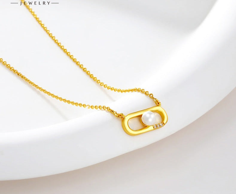 Jewelry gold oval imitation pearl simple geometric clavicle chain European and American niche temperament necklace jewelry