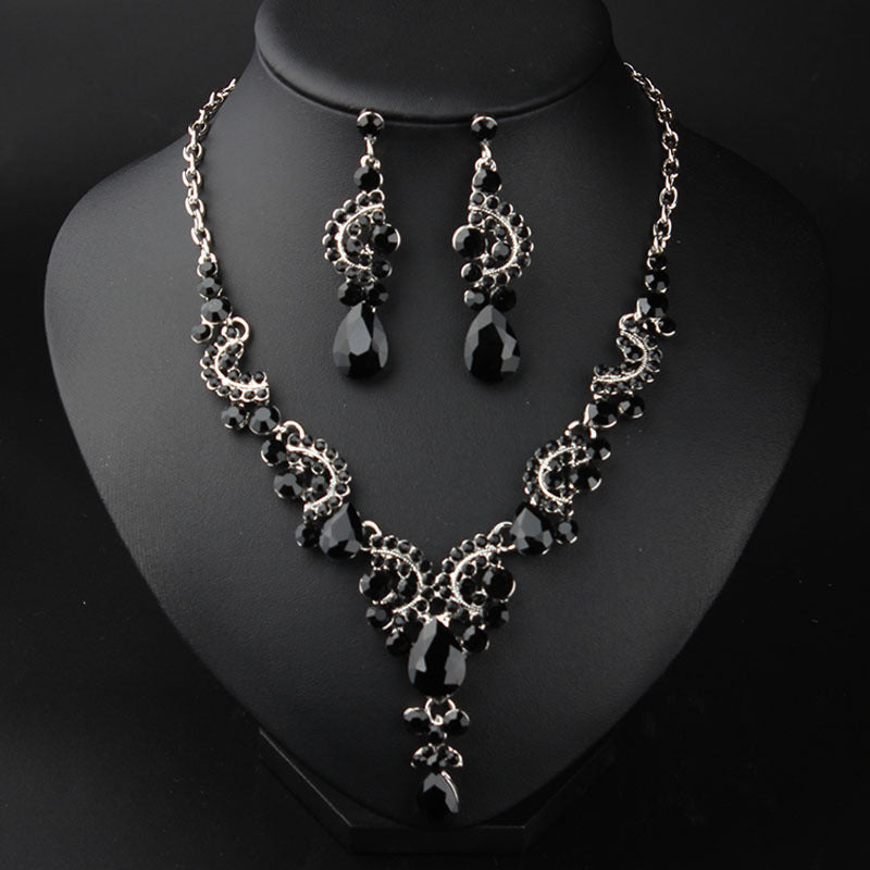 New Style European and American Light Luxury Crystal Simple Gemstone Necklace Earrings Set Dress Bride Female