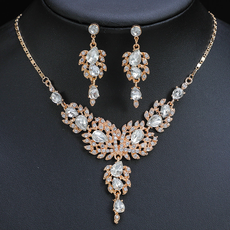 Wedding Rhinestones Floral Necklace Earrings Jewelry Set Dangle Earrings Adjustable Set Elegance Party Jewelry for Women