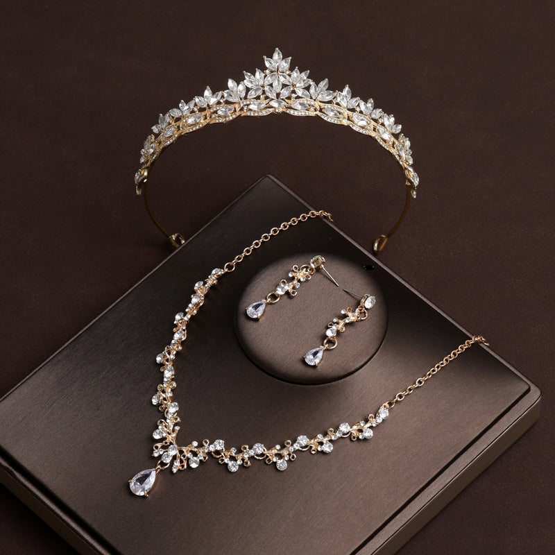 Wedding Crown Champagne Blonde Hoop Wedding Crown Style High-Grade Atmosphere Necklace Three-piece Set Female Bridal Headwear