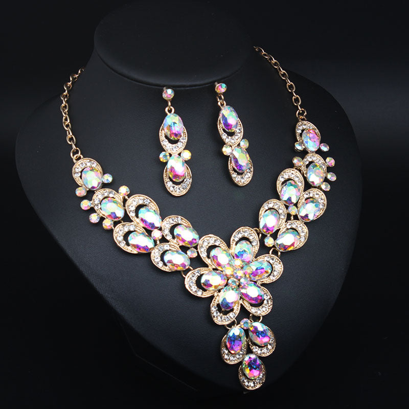 Multicolor Crystal Bridal Jewelry Sets Wedding Party Necklace Earring for Women Glitter Rhinestone Necklace