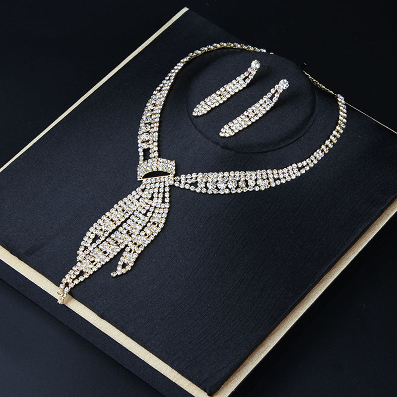 Temperament simple rhinestone tassel necklace earrings set women's banquet dress