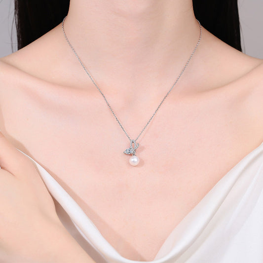 S925 Silver Moissanite Pearl Necklace Female Butterfly Wings Pendant Fresh and Sweet Girly Style Clavicle Chain