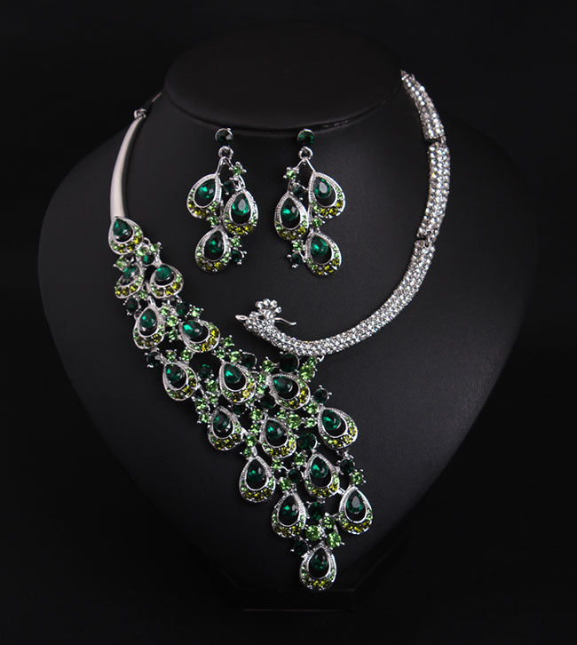 Transparent crystal peacock necklace earrings set bridal banquet dress female exaggerated accessories