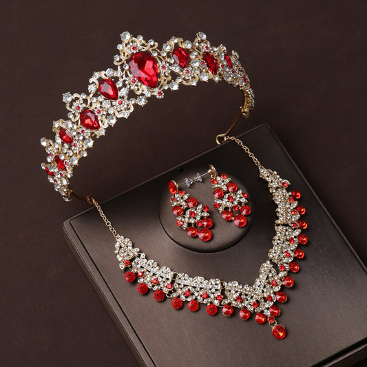 Bridal wedding headdress red diamond three-piece set crown hair accessories princess photo wedding dress accessories