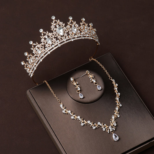 Champagne gold crown bridal headdress main wedding necklace three-piece set grand luxury wedding high-end birthday crown