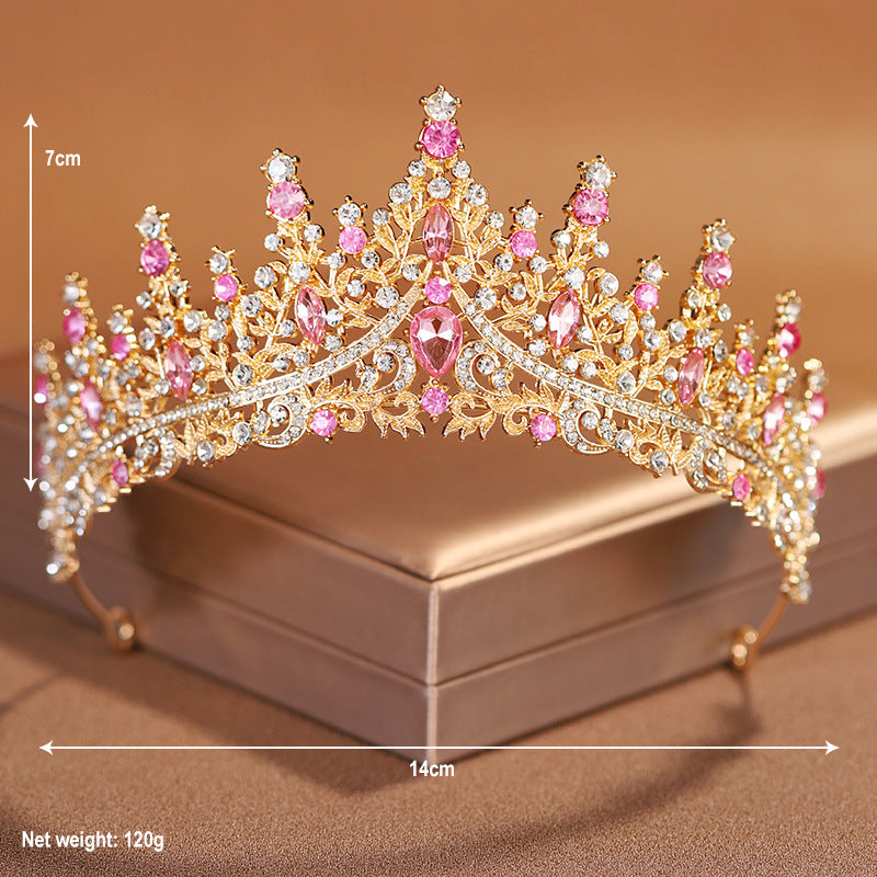 Wedding bridal tiara crown main wedding dress birthday hair accessories pink diamond retro luxury necklace and earrings three-piece set