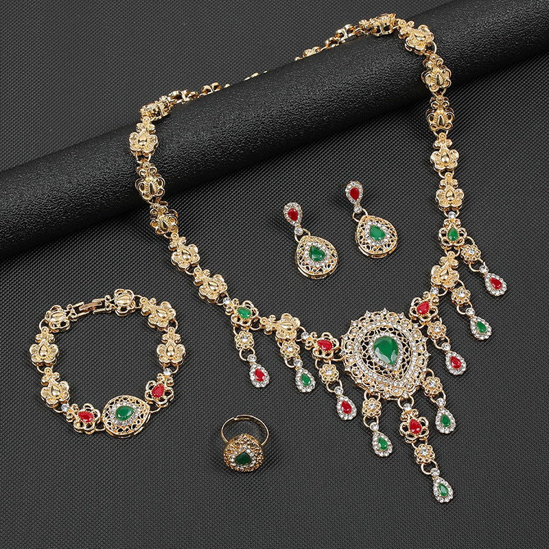 4pcs Set Vintage Gold Jewelry Set With Necklace, Earrings, Ring And Bracelet For Women, Embellished With Gemstones And Rhinestones