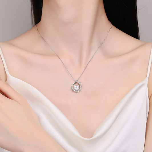 S925 Sterling Silver Necklace for Women 9 Points Moissanite 8-9MM Round Pearl Pendant Simple Fashion Commuter Neck Chain