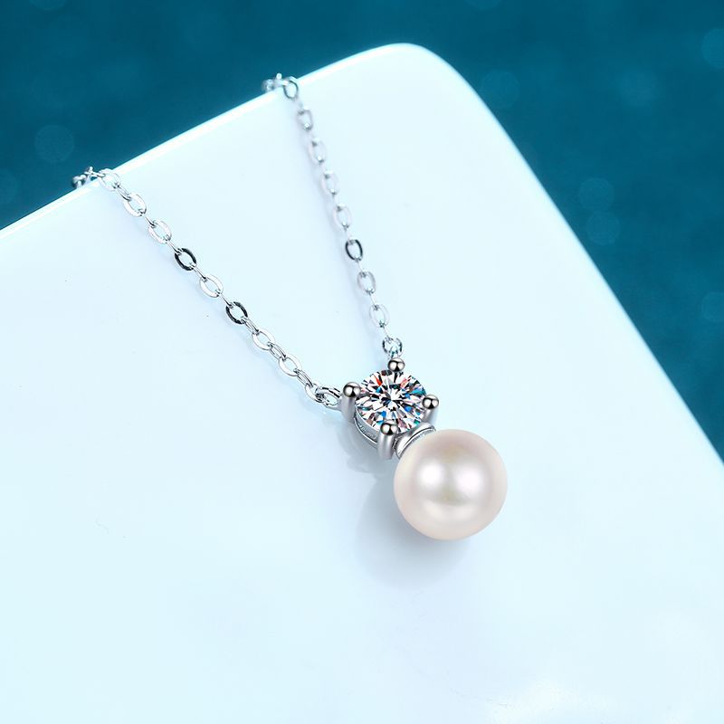 Pendant Necklace For Women Gift S925 Silver Romantic Pearl Shape 8mm flawless freshwater pearl 50 points moissanite Necklace