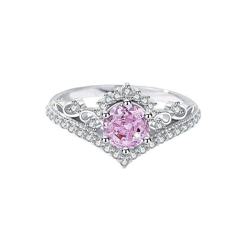 Crown pink ice flower cut zircon ring for women s925 sterling silver light luxury ring