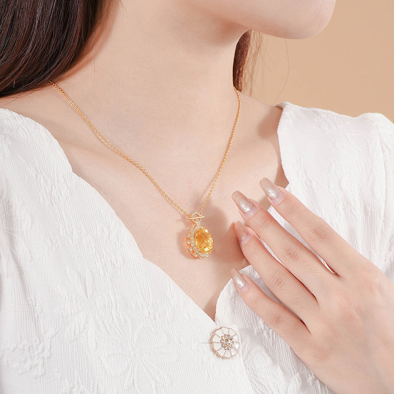 Oval citrine necklace women's s925 sterling silver niche  jewelry high-end clavicle chain