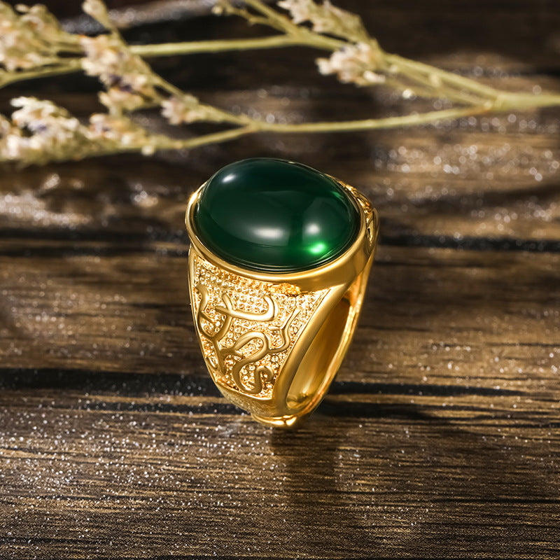 Jewelry Plated 24K Gold Open Ring Trendy Men's Artificial Gemstone Emerald Domineering Ring