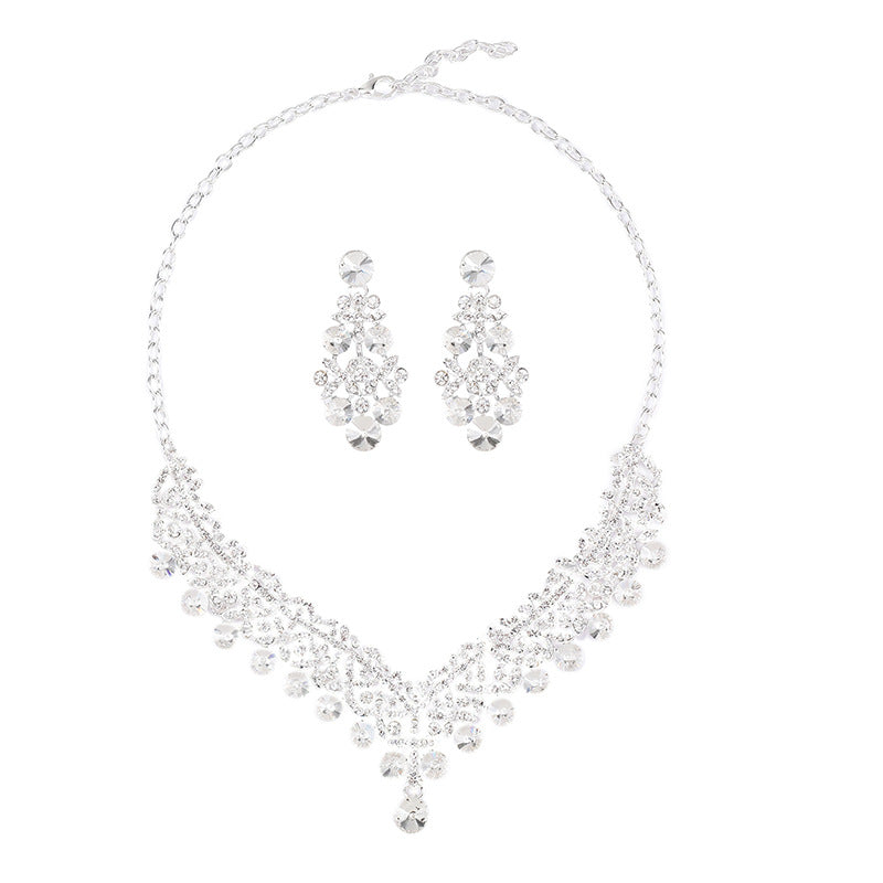 Crystal gems European and American bridal necklace earrings set wedding dress women's fashion accessories