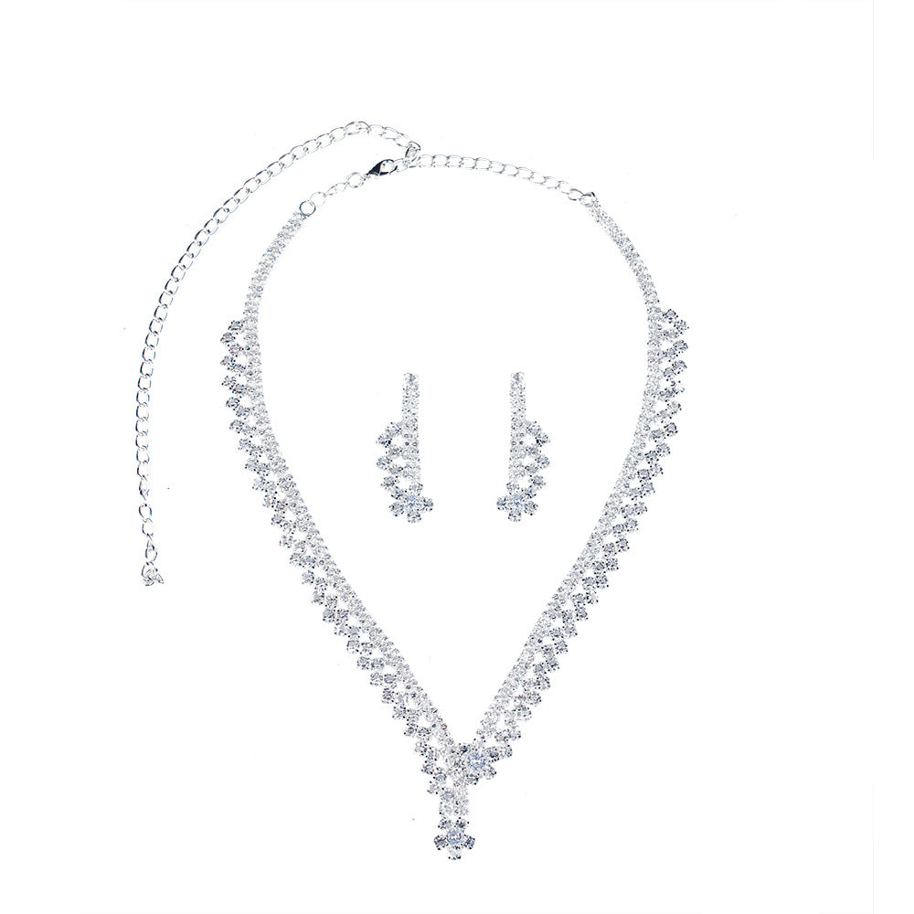 Small fresh light luxury full diamond zircon necklace earrings clavicle chain set bride wedding dinner dress