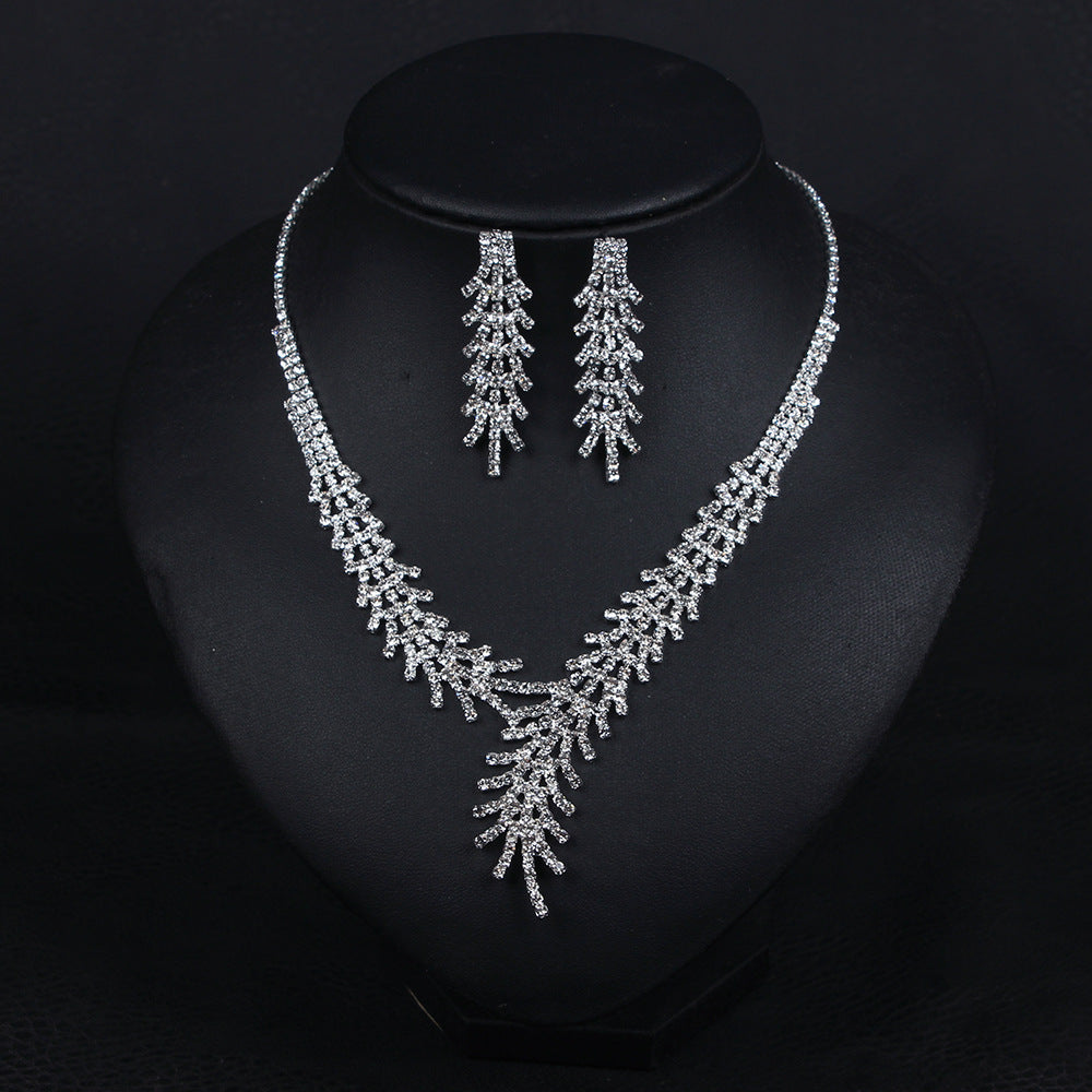 Temperament versatile full diamond wheat ear necklace earrings set short women's clavicle chain bridal dress accessories