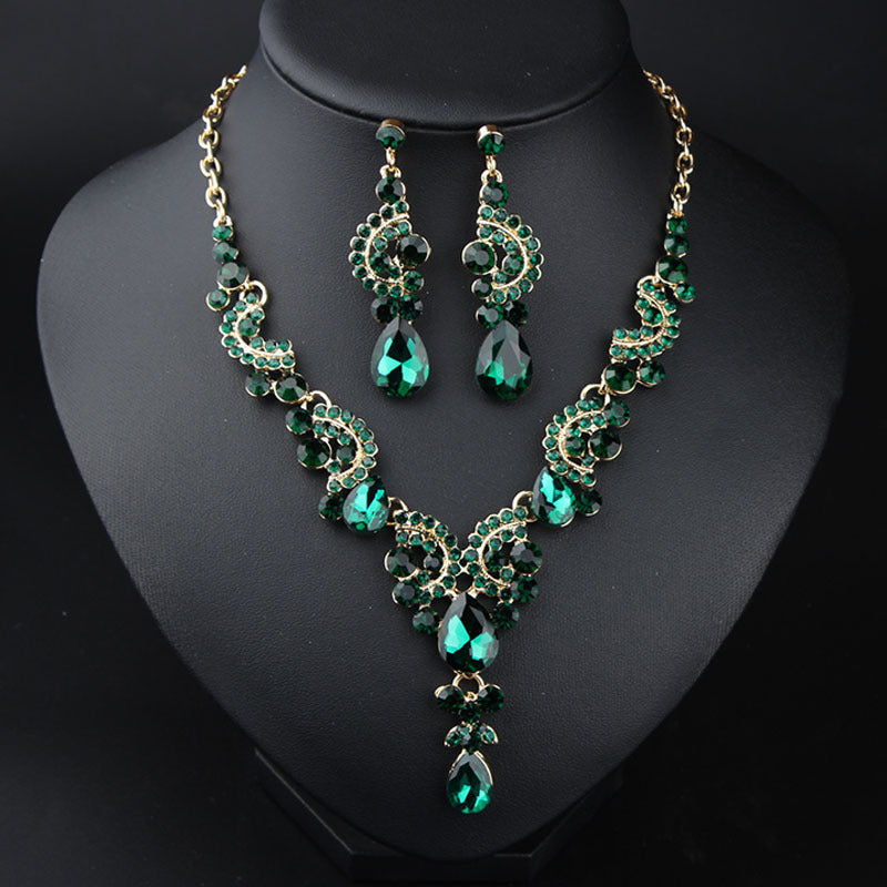 New Style European and American Light Luxury Crystal Simple Gemstone Necklace Earrings Set Dress Bride Female