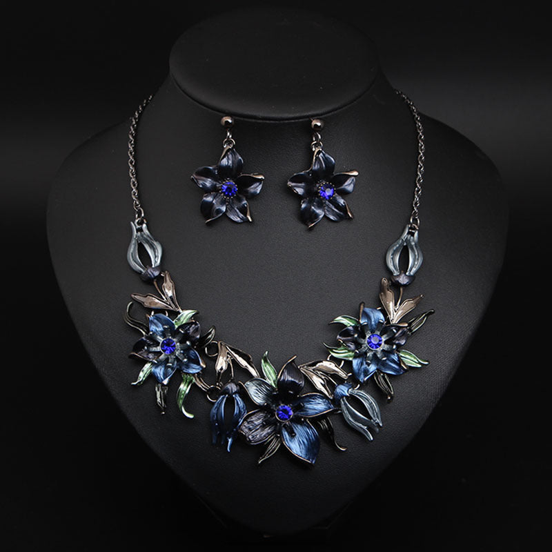 American blue three-dimensional diamond flower necklace and earrings set exaggerated