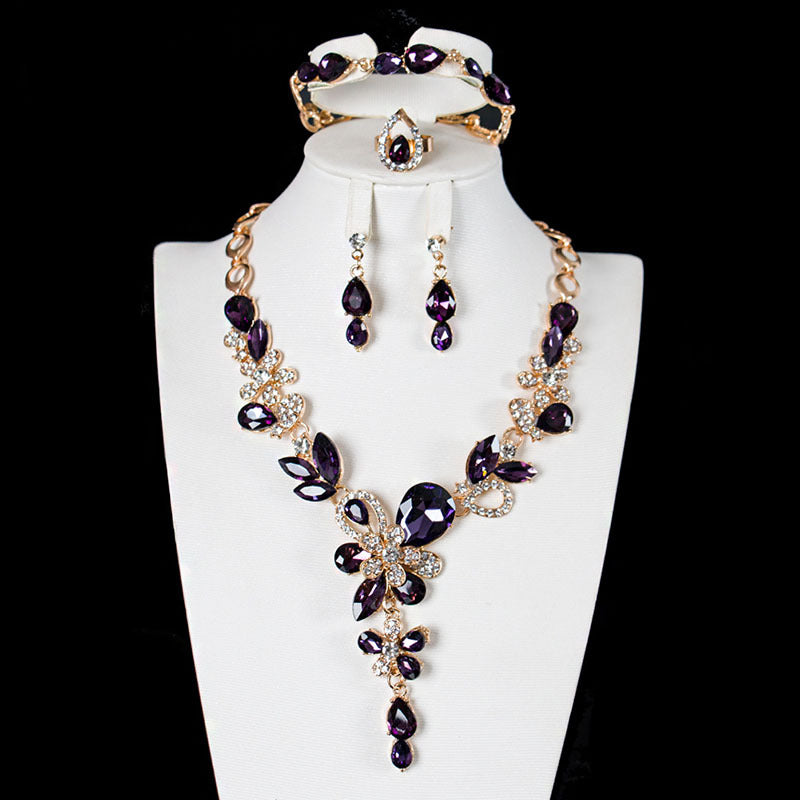 American sparkling crystal gem necklace collarbone set four-piece jewelry exaggerated bridal dress female accessories