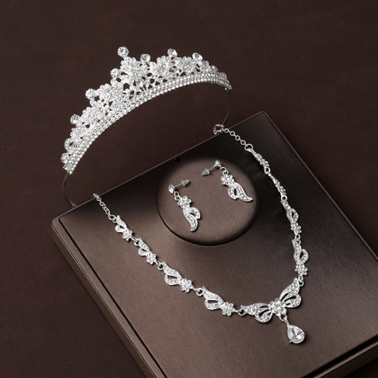 Simple and exquisite bridal crown tiara necklace three-piece set banquet dress accessories princess main wedding accessories