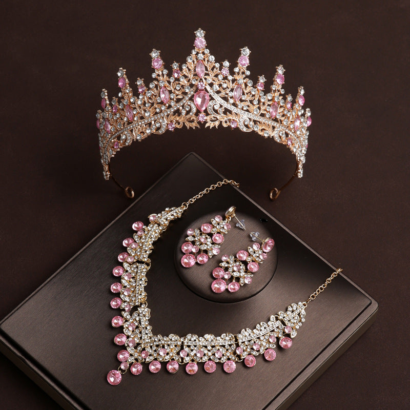 Wedding bridal tiara crown main wedding dress birthday hair accessories pink diamond retro luxury necklace and earrings three-piece set