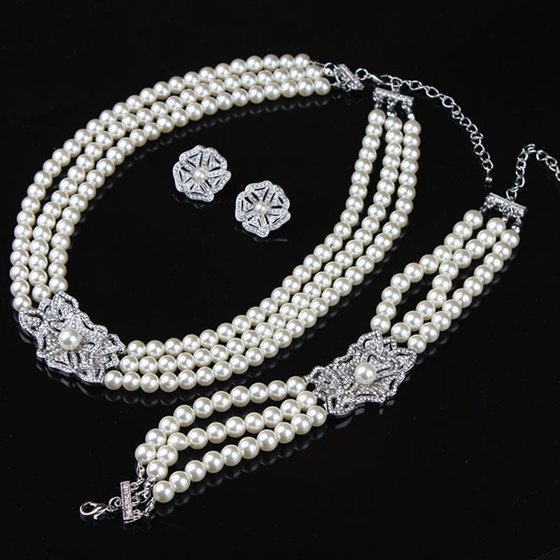 Brides pearl necklace earrings bracelet three-piece set versatile temperament wedding dress