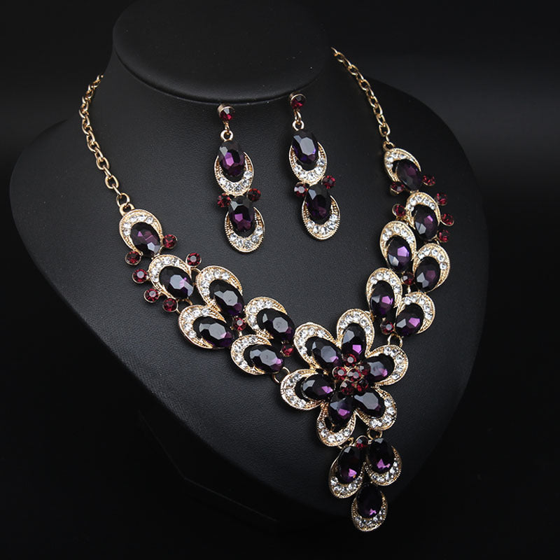 Multicolor Crystal Bridal Jewelry Sets Wedding Party Necklace Earring for Women Glitter Rhinestone Necklace