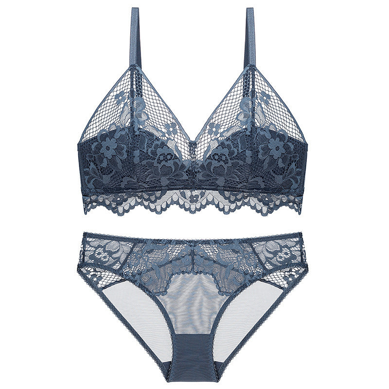 Women lace high-end French bra without wires to wrap the breasts and make the breasts look small, light and breathable bra set to close the secondary breasts bra