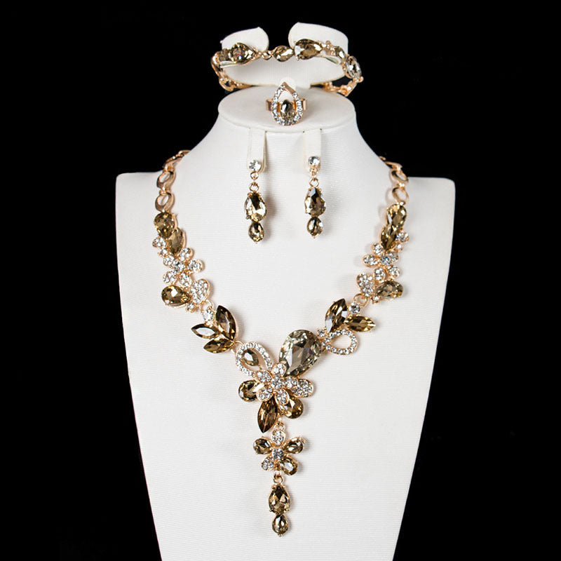 American sparkling crystal gem necklace collarbone set four-piece jewelry exaggerated bridal dress female accessories