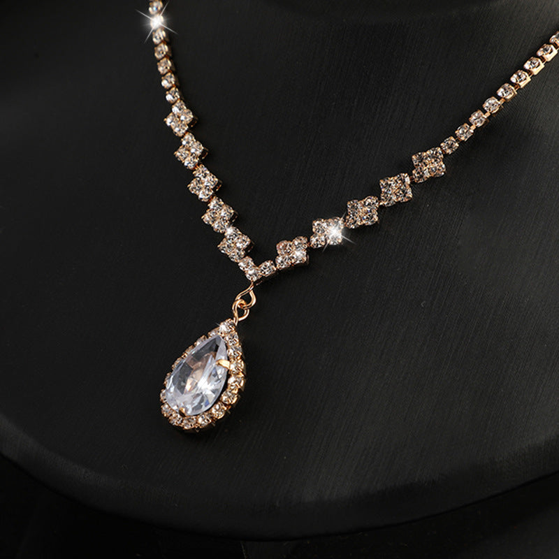 Rhinestone zircon necklace and earrings two-piece set bride wedding dress necklace accessories