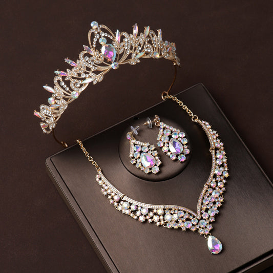 Bridal crown tiara, colorful and atmospheric wedding jewelry three-piece set for 18-year-old female coming-of-age ceremony, birthday gift crown