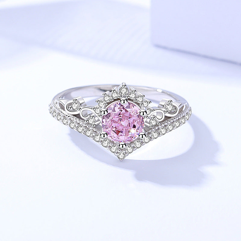 Crown pink ice flower cut zircon ring for women s925 sterling silver light luxury ring